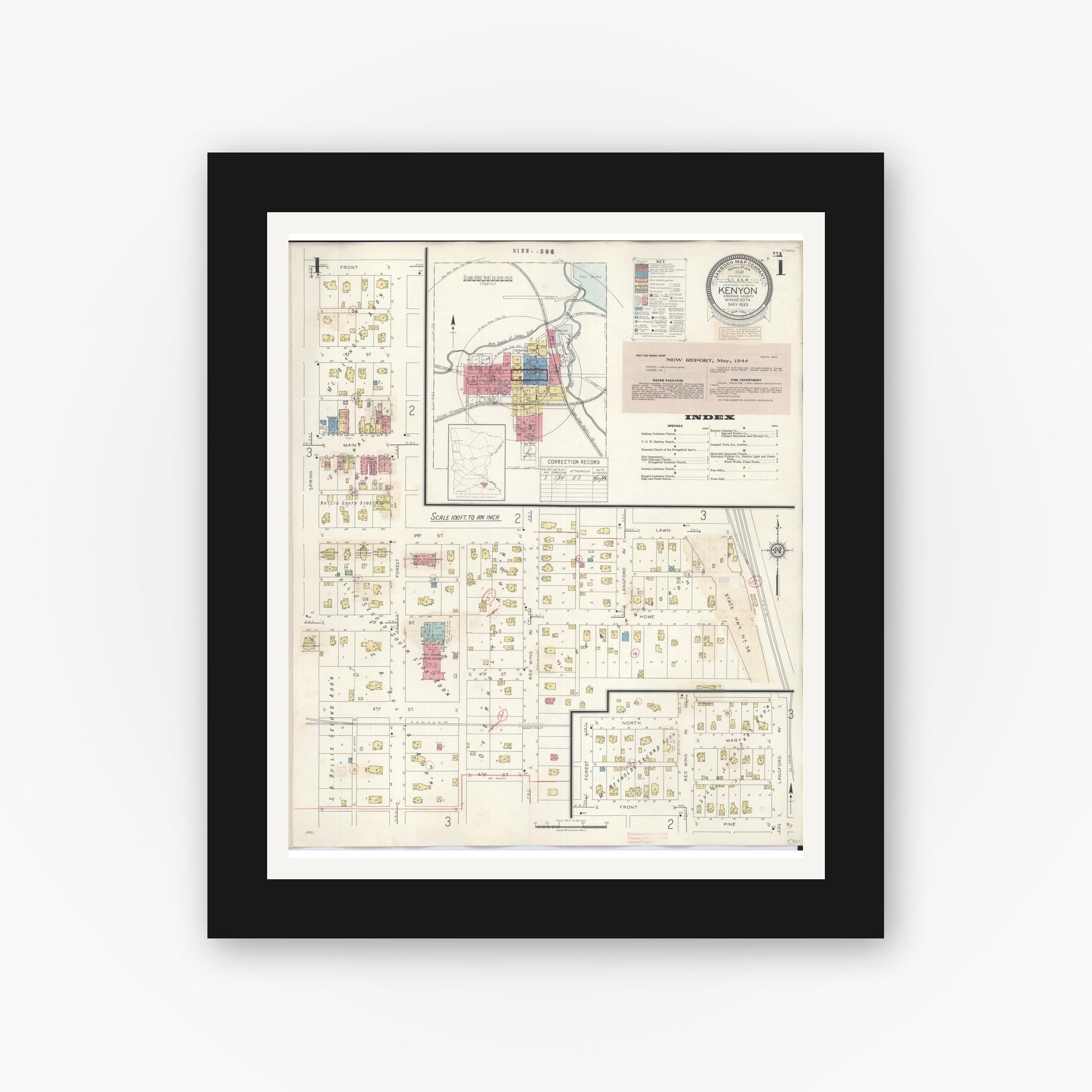 Old map wall art mockup — black gallery frame with white mat — Sanborn Fire Insurance Map from Kenyon, Goodhue County, Minnesota (1944) - Complete Map Set