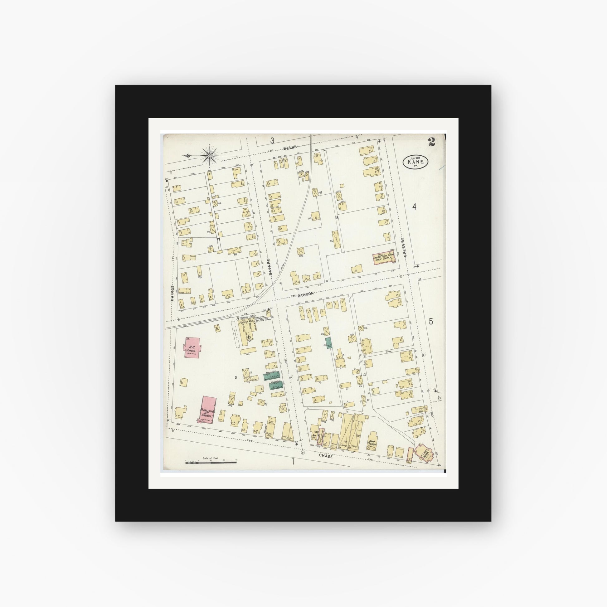 Old map wall art mockup — black gallery frame with white mat — Sanborn Fire Insurance Map from Kane, McKean County, Pennsylvania (1898), Sheet #0002