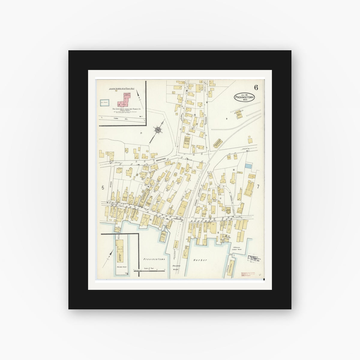 Old map wall art mockup — black gallery frame with white mat — Sanborn Fire Insurance Map from Provincetown, Barnstable County, Massachusetts (1912), Sheet #0006