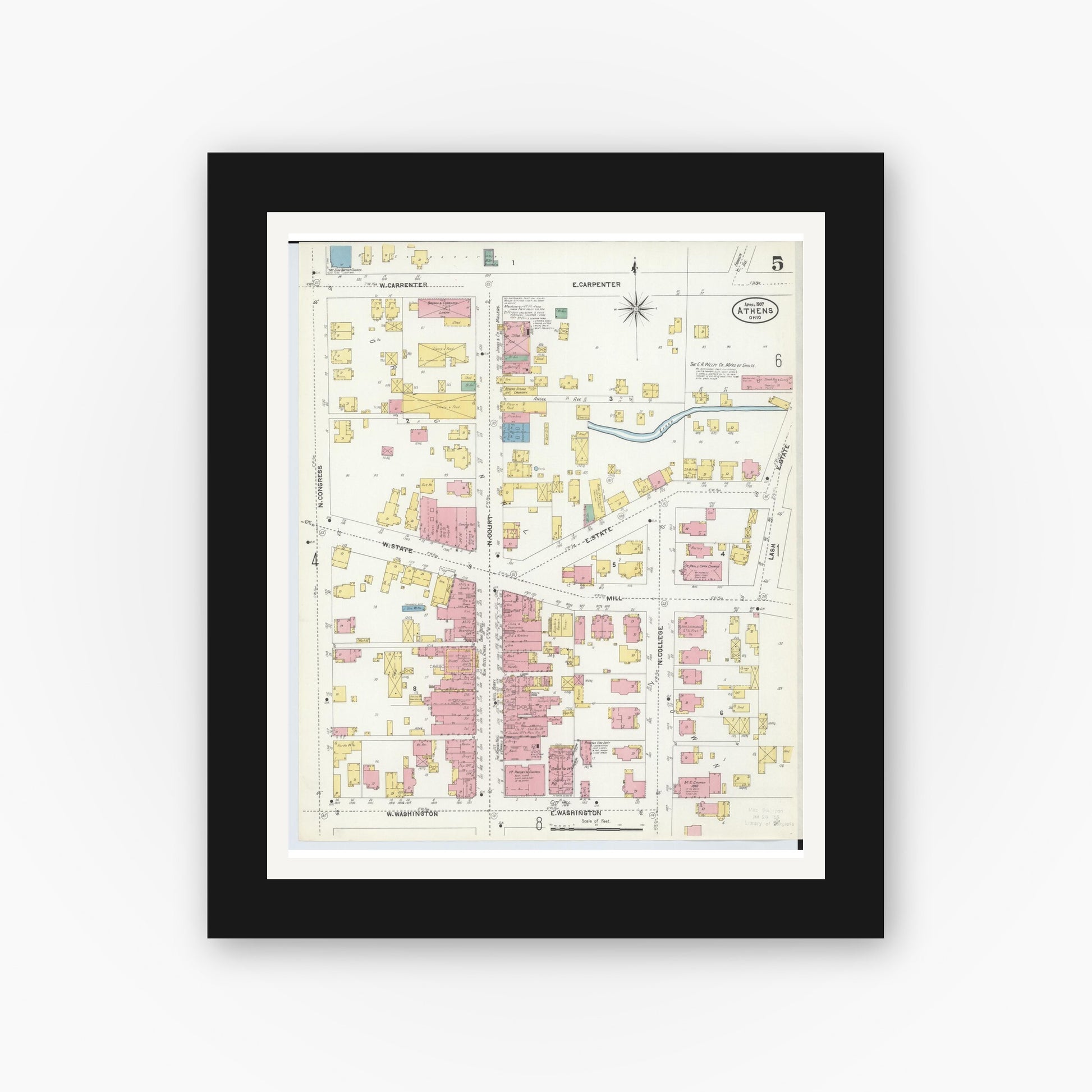 Old map wall art mockup — black gallery frame with white mat — Sanborn Fire Insurance Map from Athens, Athens County, Ohio (1907), Sheet #0005