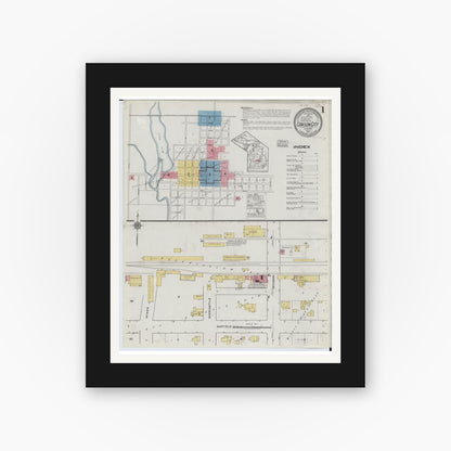 Old map wall art mockup — black gallery frame with white mat — Sanborn Fire Insurance Map from Carson City, Montcalm County, Michigan (1918), Sheet #0001