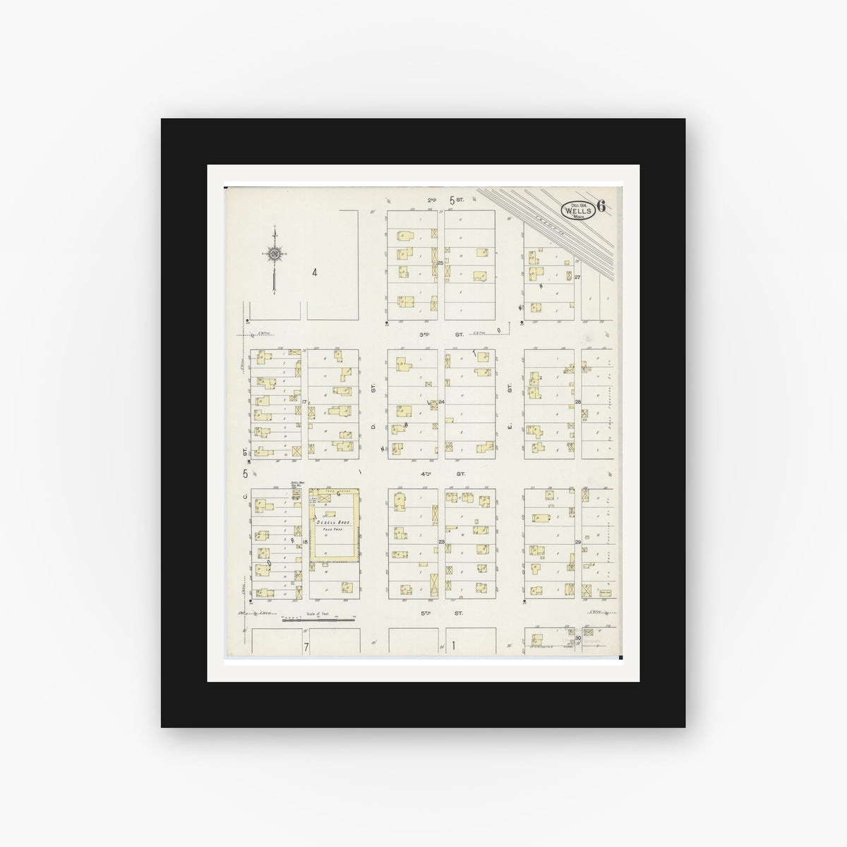 Old map wall art mockup — black gallery frame with white mat — Sanborn Fire Insurance Map from Wells, Faribault County, Minnesota (1914), Sheet #0006