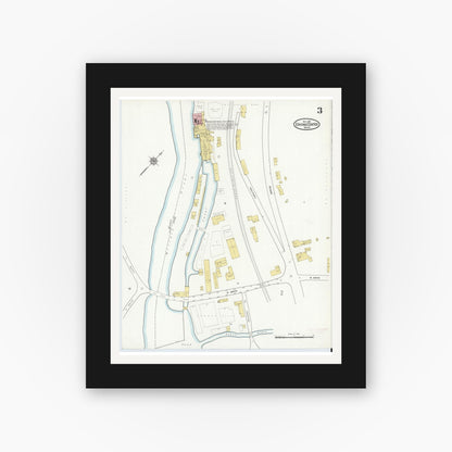 Old map wall art mockup — black gallery frame with white mat — Sanborn Fire Insurance Map from Erving Center, Franklin County, Massachusetts (1915), Sheet #0003