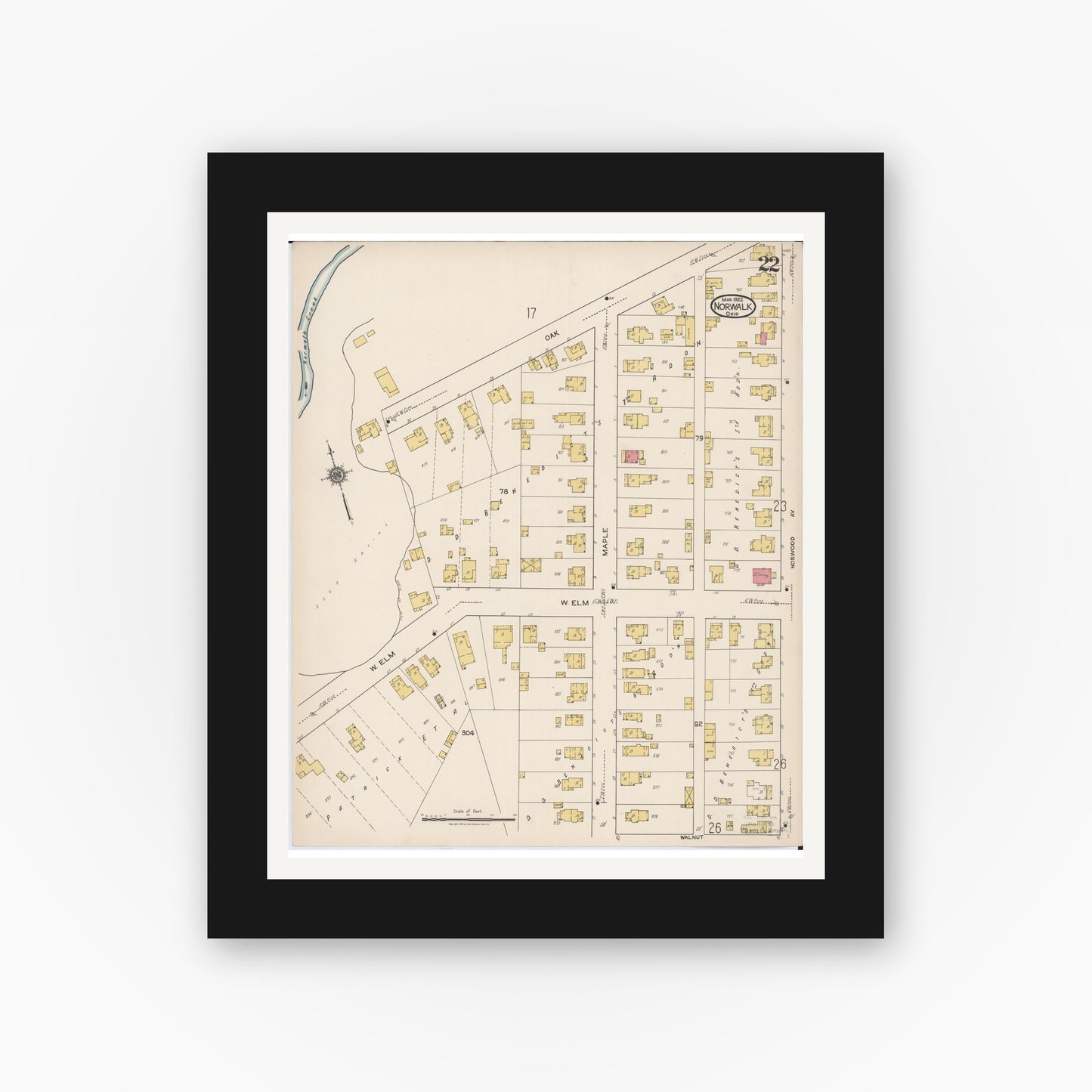 Old map wall art mockup — black gallery frame with white mat — Sanborn Fire Insurance Map from Norwalk, Huron County, Ohio (1922), Sheet #0022
