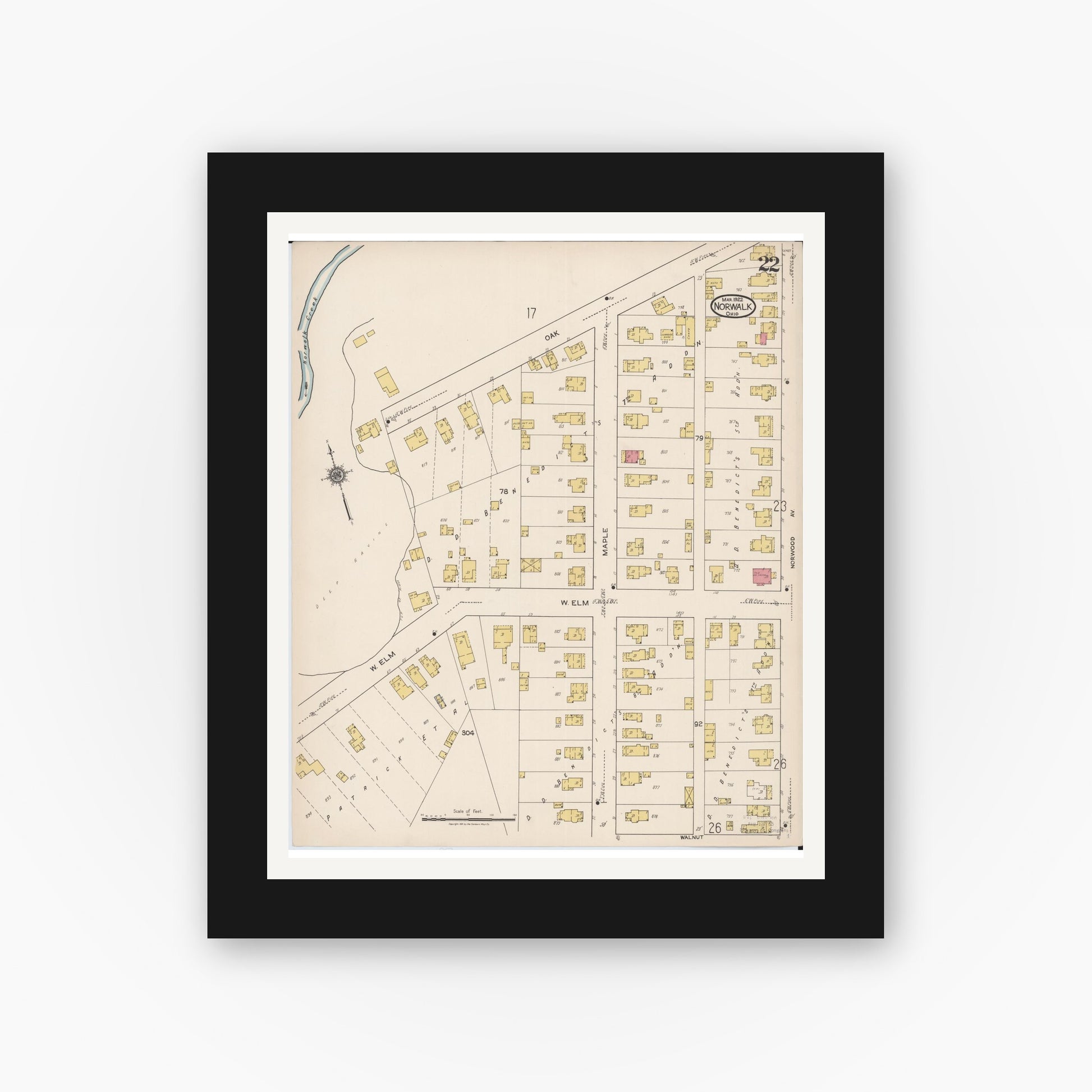 Old map wall art mockup — black gallery frame with white mat — Sanborn Fire Insurance Map from Norwalk, Huron County, Ohio (1922), Sheet #0022
