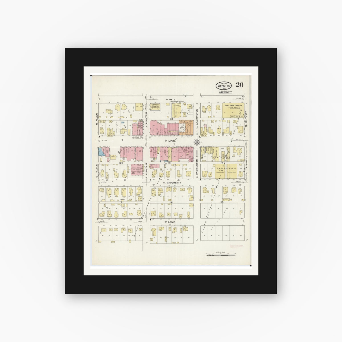 Old map wall art mockup — black gallery frame with white mat — Sanborn Fire Insurance Map from Webb City, Jasper County, Missouri (1915), Sheet #0020