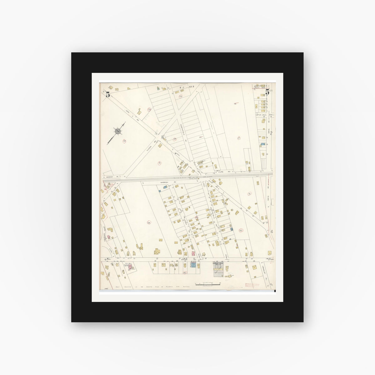 Old map wall art mockup — black gallery frame with white mat — Sanborn Fire Insurance Map from Northfield, Atlantic County, New Jersey (1942), Sheet #0005