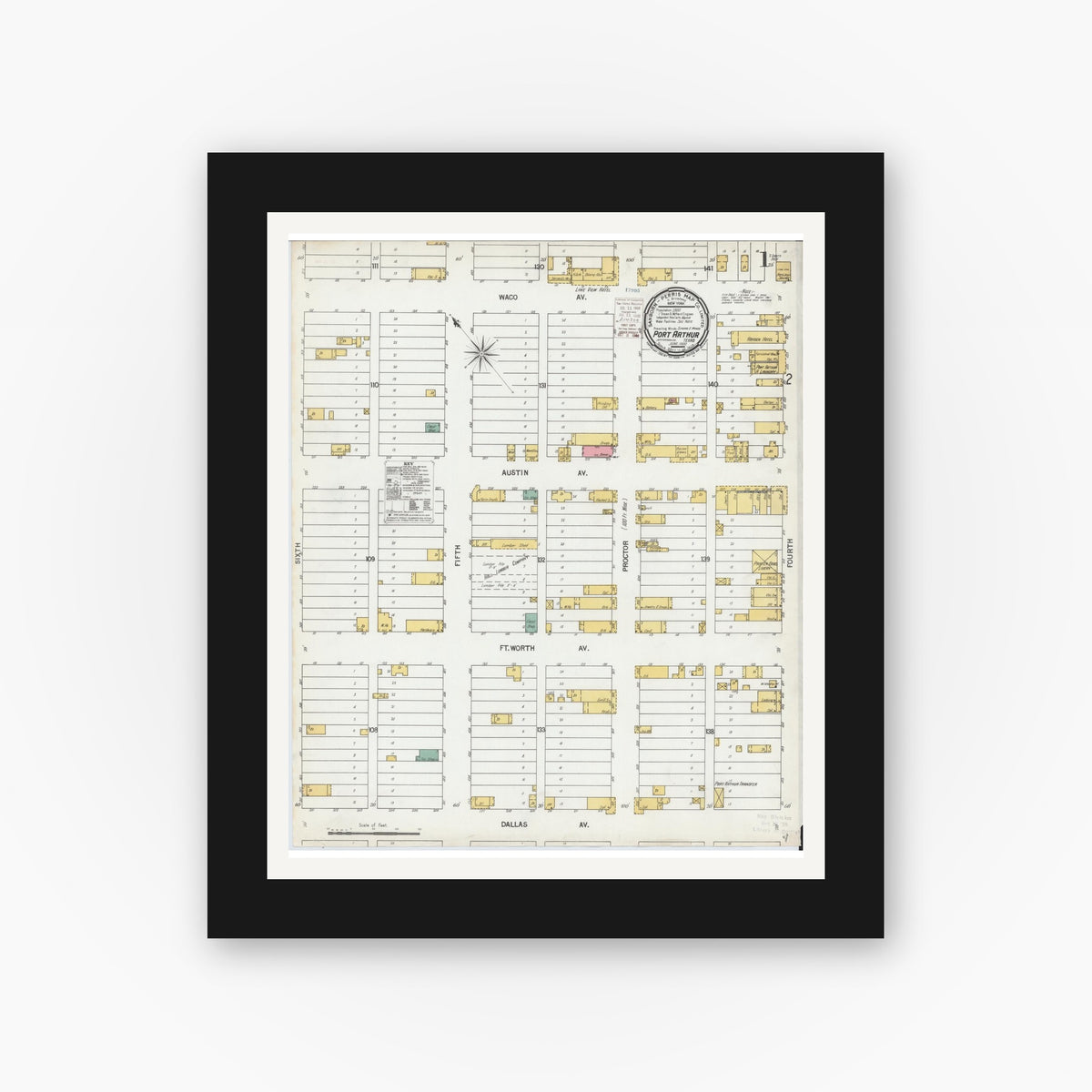 Old map wall art mockup — black gallery frame with white mat — Sanborn Fire Insurance Map from Port Arthur, Jefferson County, Texas (1900), Sheet #0001