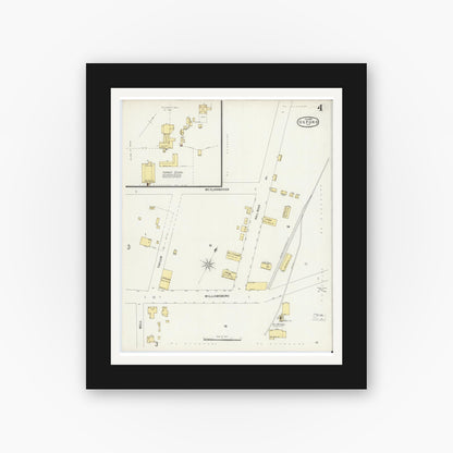 Old map wall art mockup — black gallery frame with white mat — Sanborn Fire Insurance Map from Oxford, Granville County, North Carolina (1897), Sheet #0004