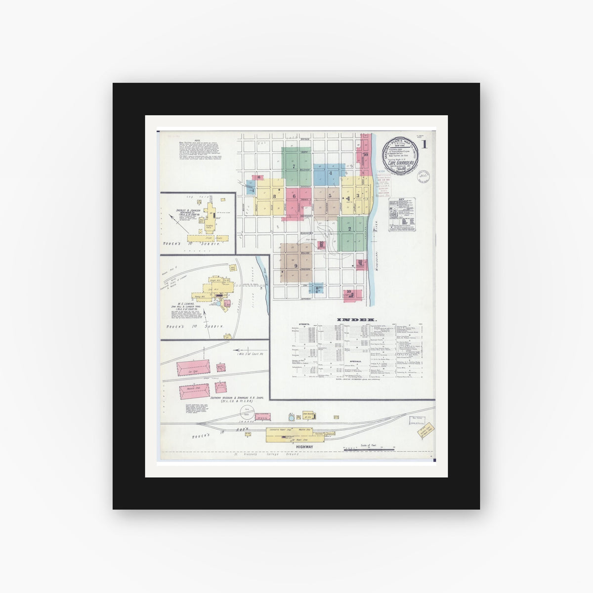 Old map wall art mockup — black gallery frame with white mat — Sanborn Fire Insurance Map from Cape Girardeau, Cape Girardeau County, Missouri (1900) - Complete Map Set