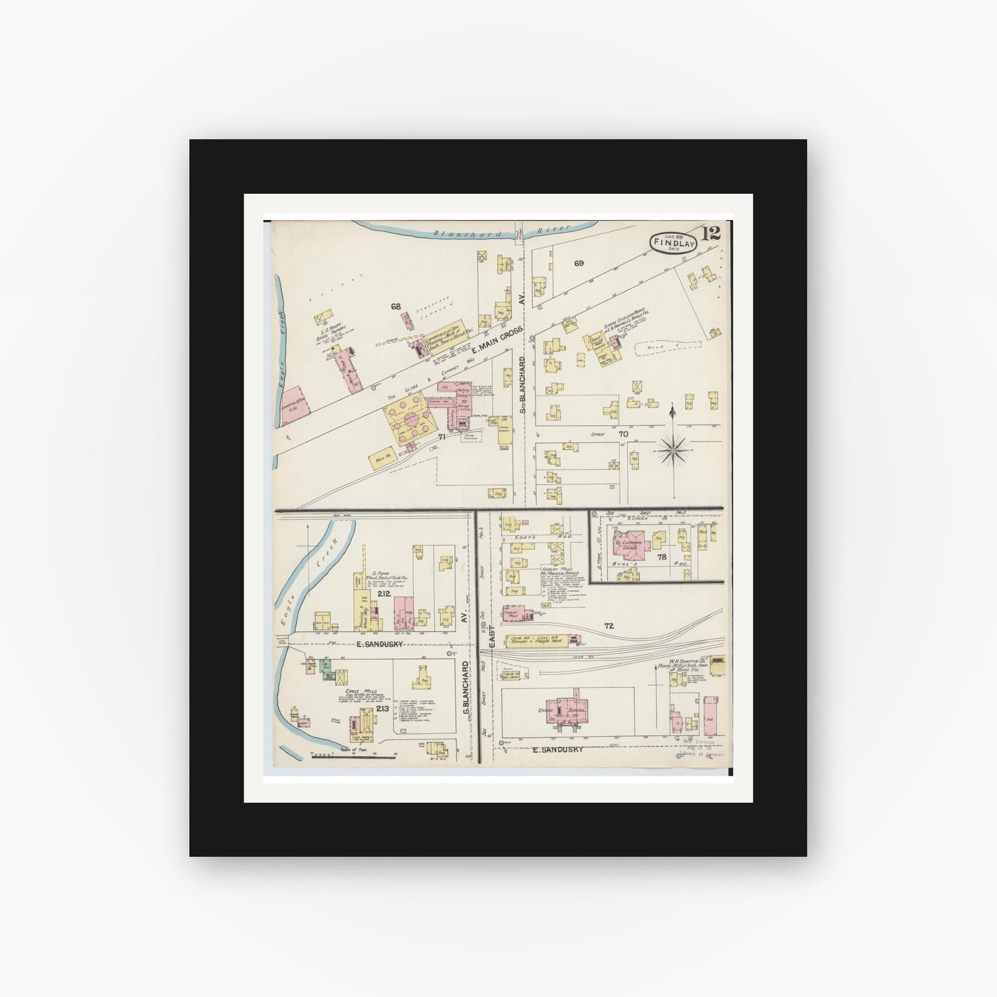 Old map wall art mockup — black gallery frame with white mat — Sanborn Fire Insurance Map from Findlay, Hancock County, Ohio (1890), Sheet #0012