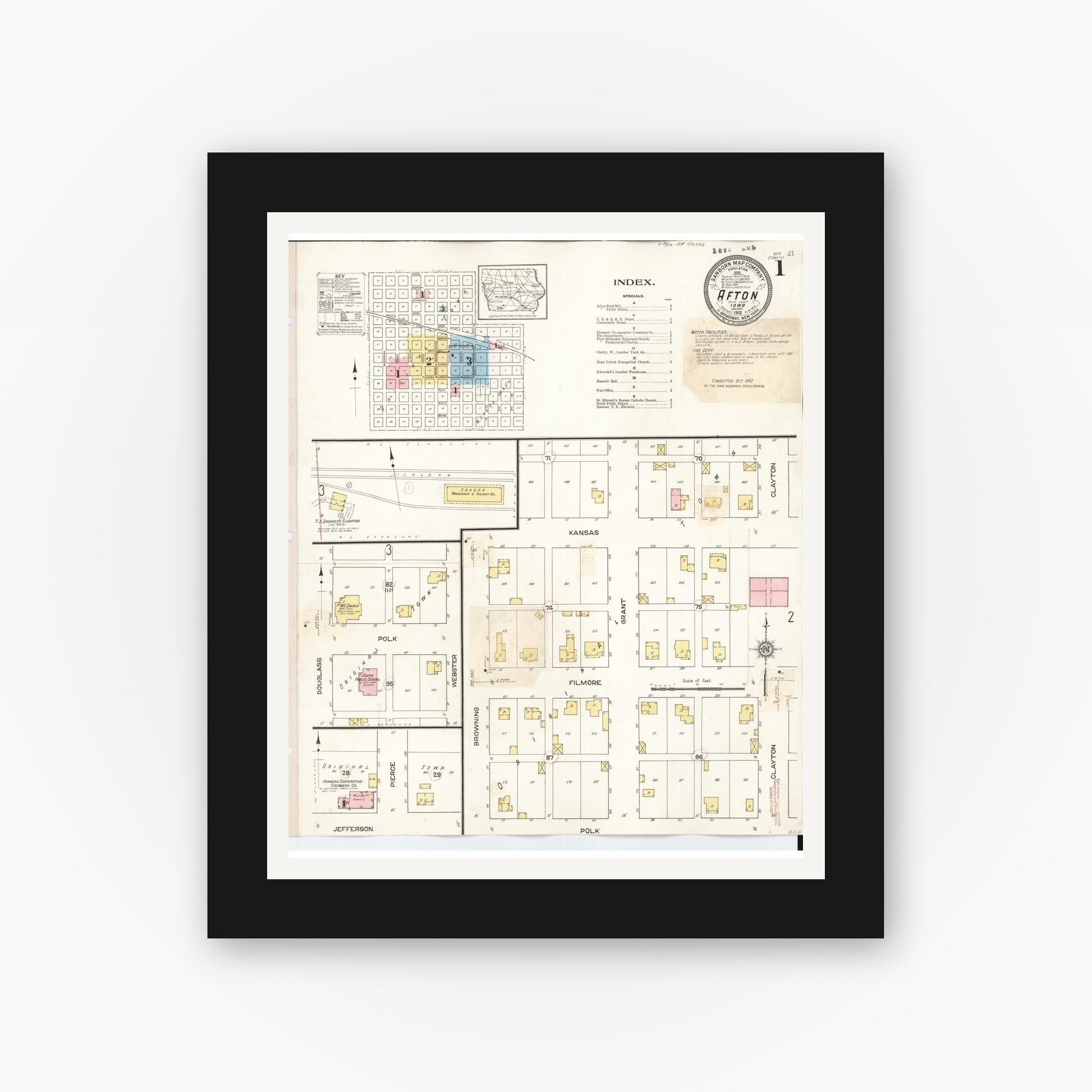 Old map wall art mockup — black gallery frame with white mat — Sanborn Fire Insurance Map from Afton, Union County, Iowa (1932) â€” Complete Set