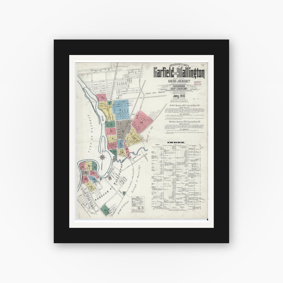 Old map wall art mockup — black gallery frame with white mat — Sanborn Fire Insurance Map from Garfield, Bergen County, New Jersey (1910) - Complete Map Set