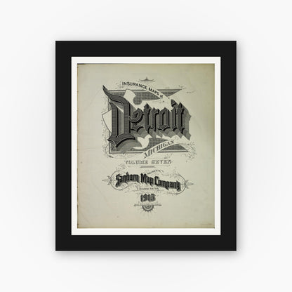 Old map wall art mockup — black gallery frame with white mat — Sanborn Fire Insurance Map from Detroit, Wayne County, Michigan (1915), Sheet #0001