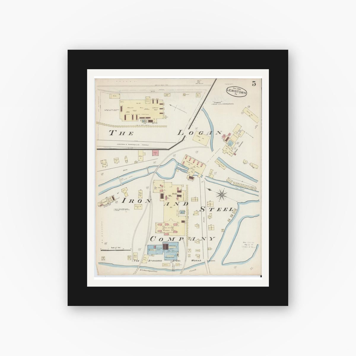 Old map wall art mockup — black gallery frame with white mat — Sanborn Fire Insurance Map from Lewistown, Mifflin County, Pennsylvania (1885), Sheet #0005