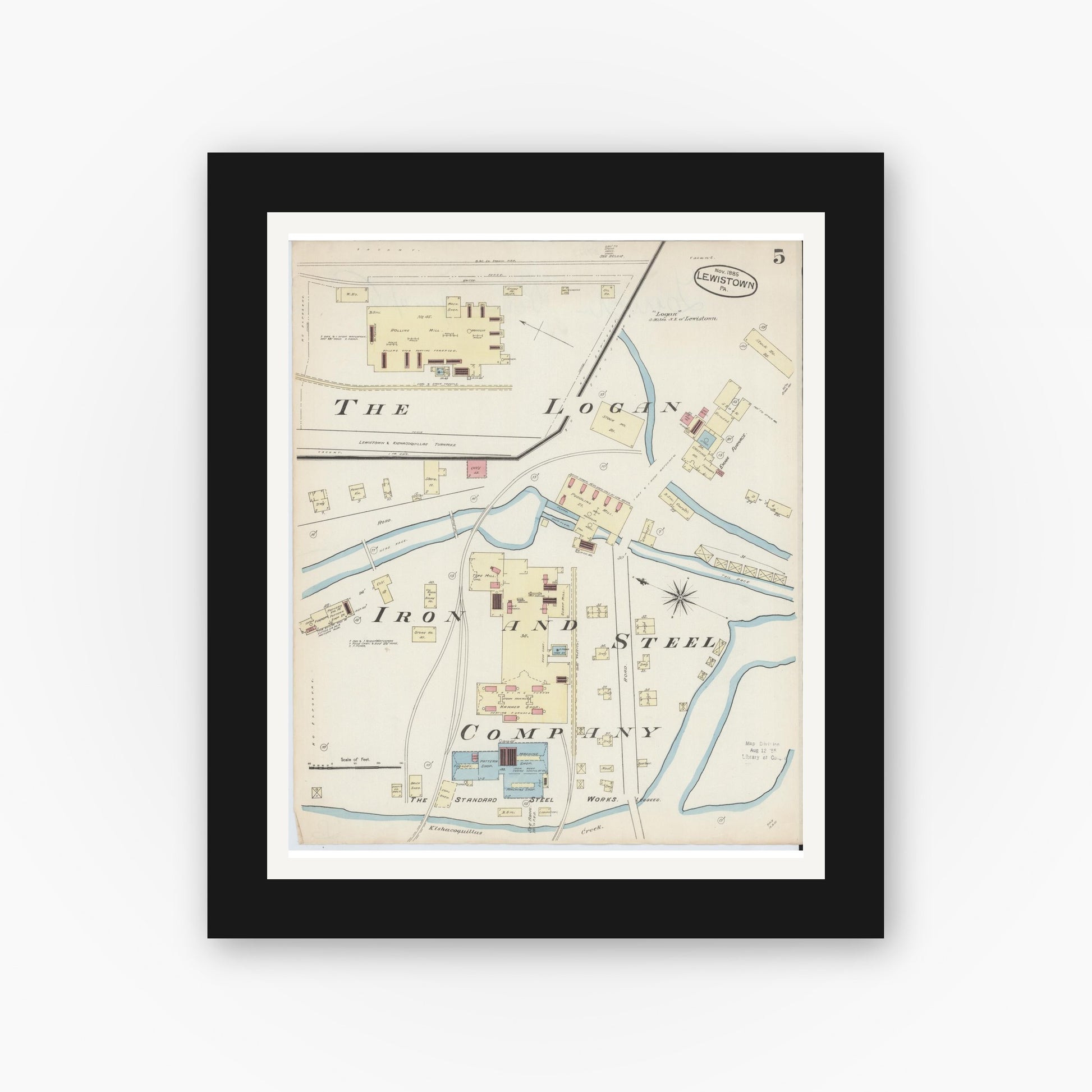 Old map wall art mockup — black gallery frame with white mat — Sanborn Fire Insurance Map from Lewistown, Mifflin County, Pennsylvania (1885), Sheet #0005
