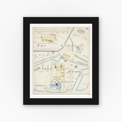 Old map wall art mockup — black gallery frame with white mat — Sanborn Fire Insurance Map from Lewistown, Mifflin County, Pennsylvania (1885), Sheet #0005