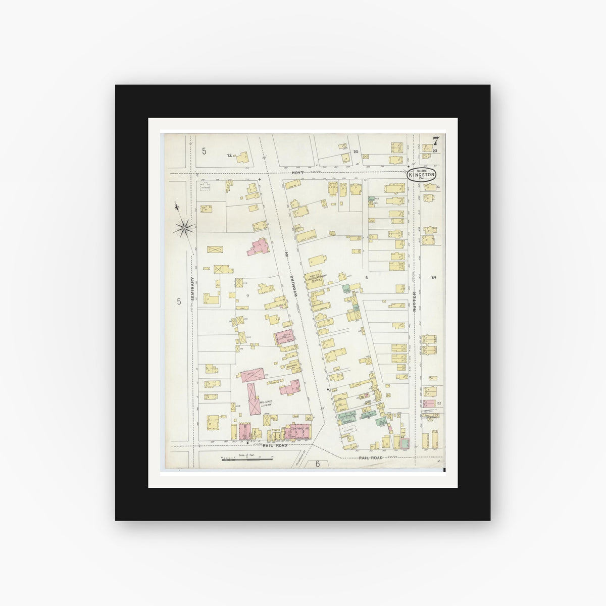 Old map wall art mockup — black gallery frame with white mat — Sanborn Fire Insurance Map from Kingston, Luzerne County, Pennsylvania (1896), Sheet #0007