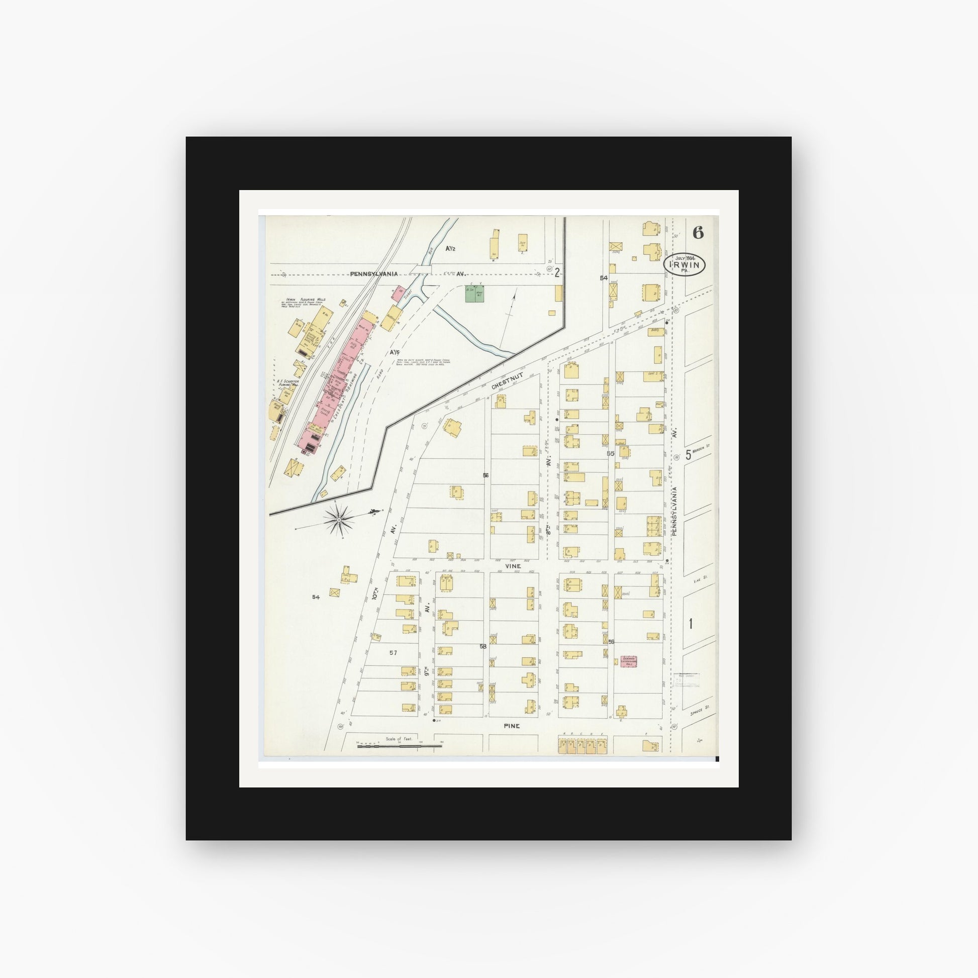 Old map wall art mockup — black gallery frame with white mat — Sanborn Fire Insurance Map from Irwin, Westmoreland County, Pennsylvania (1904), Sheet #0006