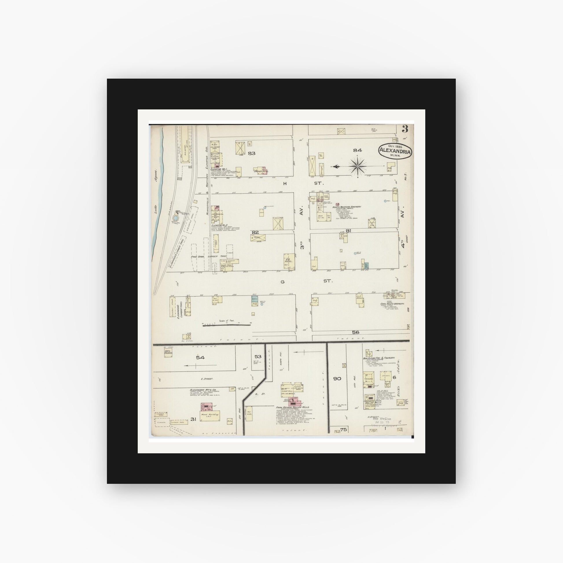 Old map wall art mockup — black gallery frame with white mat — Sanborn Fire Insurance Map from Alexandria, Douglas County, Minnesota (1885), Sheet #0003