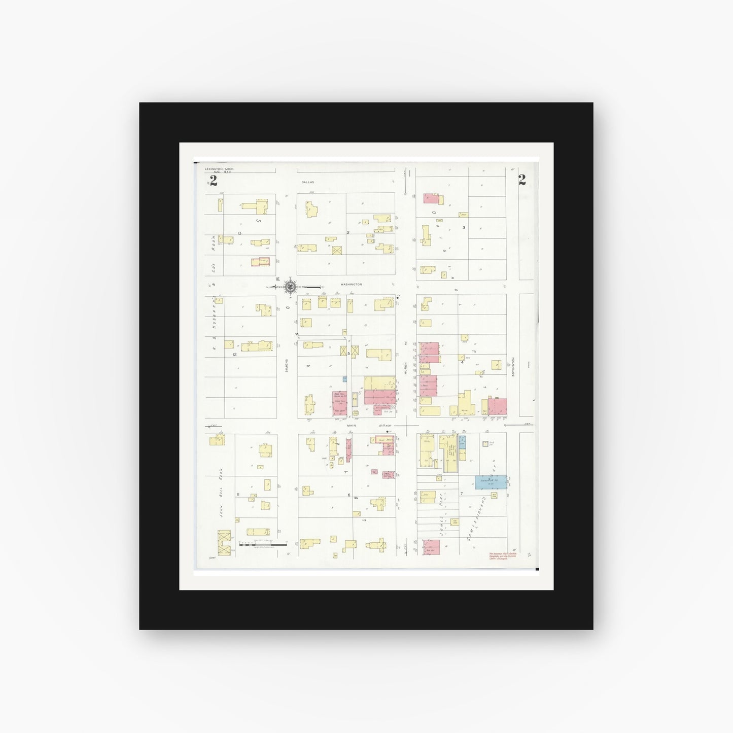 Old map wall art mockup — black gallery frame with white mat — Sanborn Fire Insurance Map from Lexington, Sanilac County, Michigan (1940), Sheet #0002
