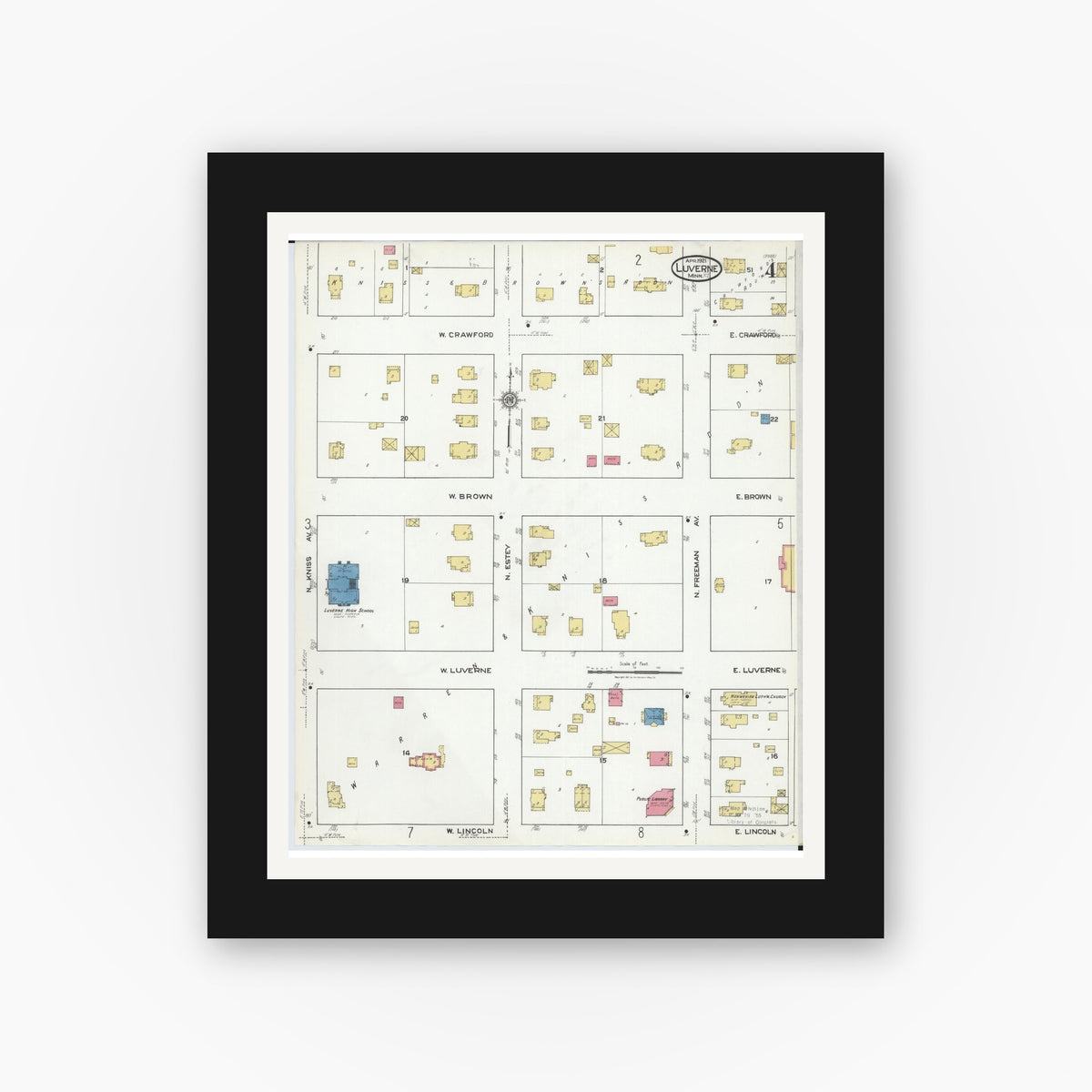Old map wall art mockup — black gallery frame with white mat — Sanborn Fire Insurance Map from Luverne, Rock County, Minnesota (1921), Sheet #0004