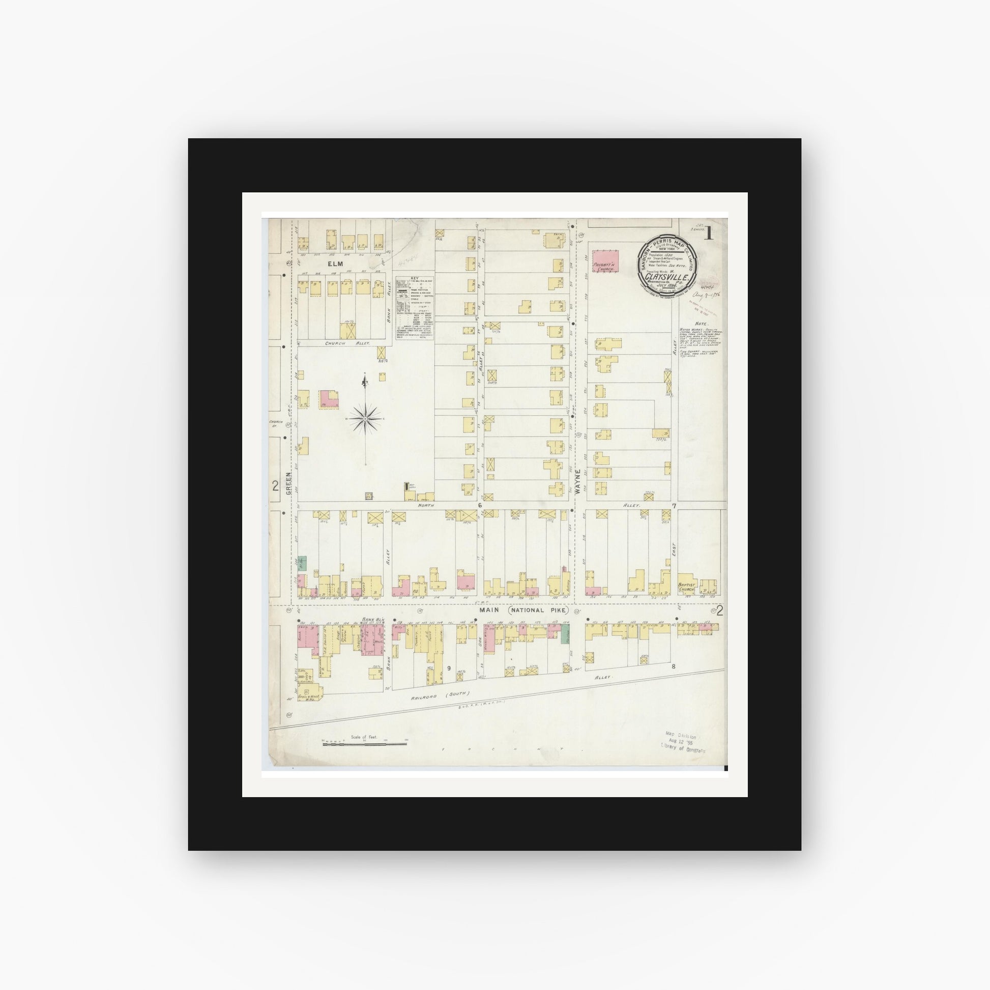 Old map wall art mockup — black gallery frame with white mat — Sanborn Fire Insurance Map from Claysville, Washington County, Pennsylvania (1896), Sheet #0001