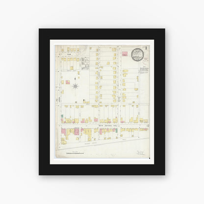 Old map wall art mockup — black gallery frame with white mat — Sanborn Fire Insurance Map from Claysville, Washington County, Pennsylvania (1896), Sheet #0001