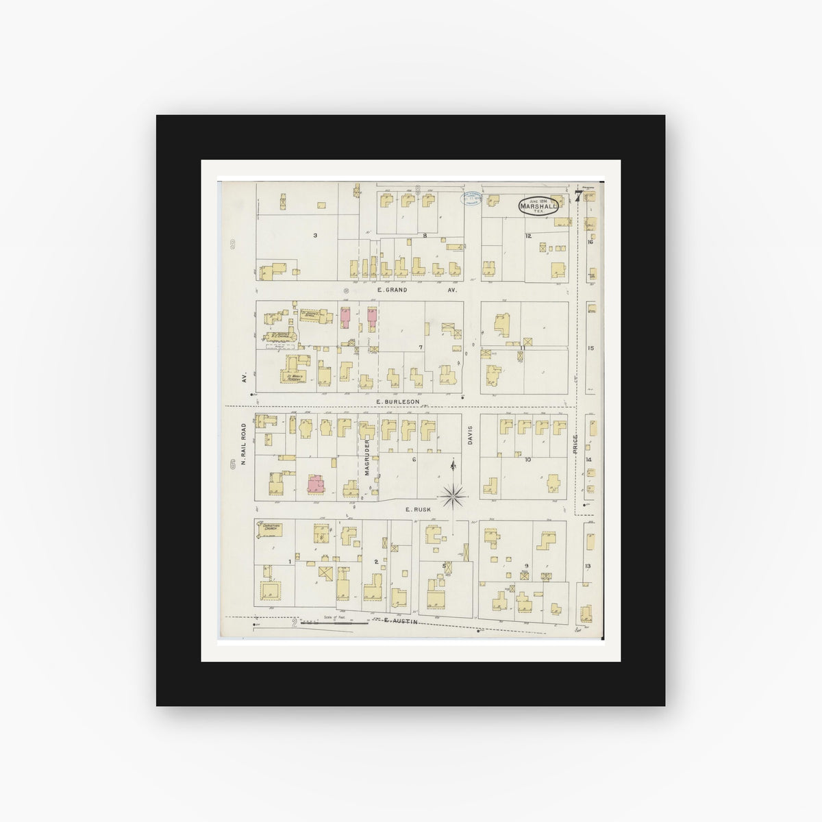 Old map wall art mockup — black gallery frame with white mat — Sanborn Fire Insurance Map from Marshall, Harrison County, Texas (1894), Sheet #0007