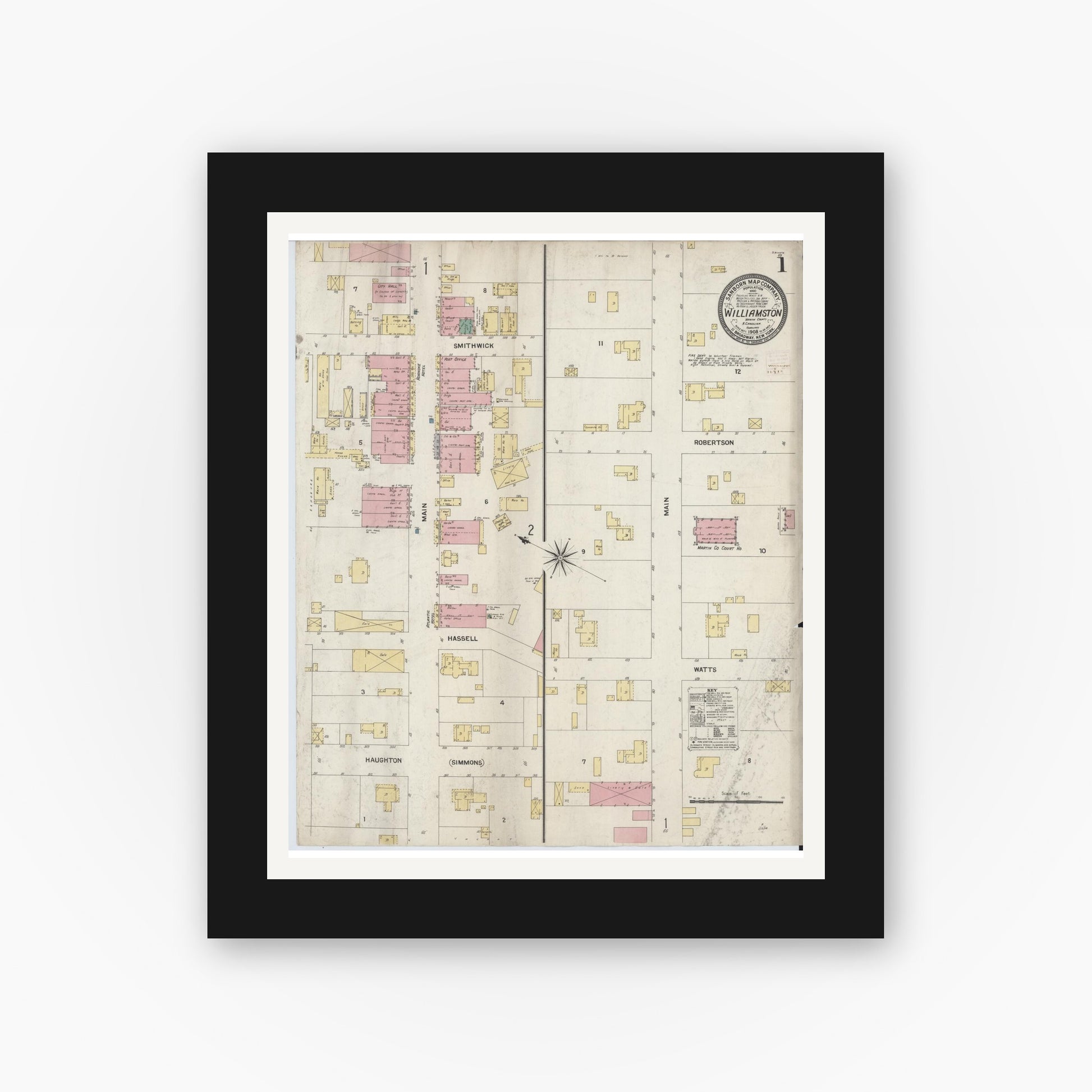 Old map wall art mockup — black gallery frame with white mat — Sanborn Fire Insurance Map from Williamston, Martin County, North Carolina (1908), Sheet #0001