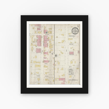 Old map wall art mockup — black gallery frame with white mat — Sanborn Fire Insurance Map from Williamston, Martin County, North Carolina (1908), Sheet #0001