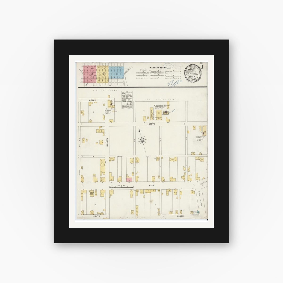 Old map wall art mockup — black gallery frame with white mat — Sanborn Fire Insurance Map from Berlin, Somerset County, Pennsylvania (1898), Sheet #0001