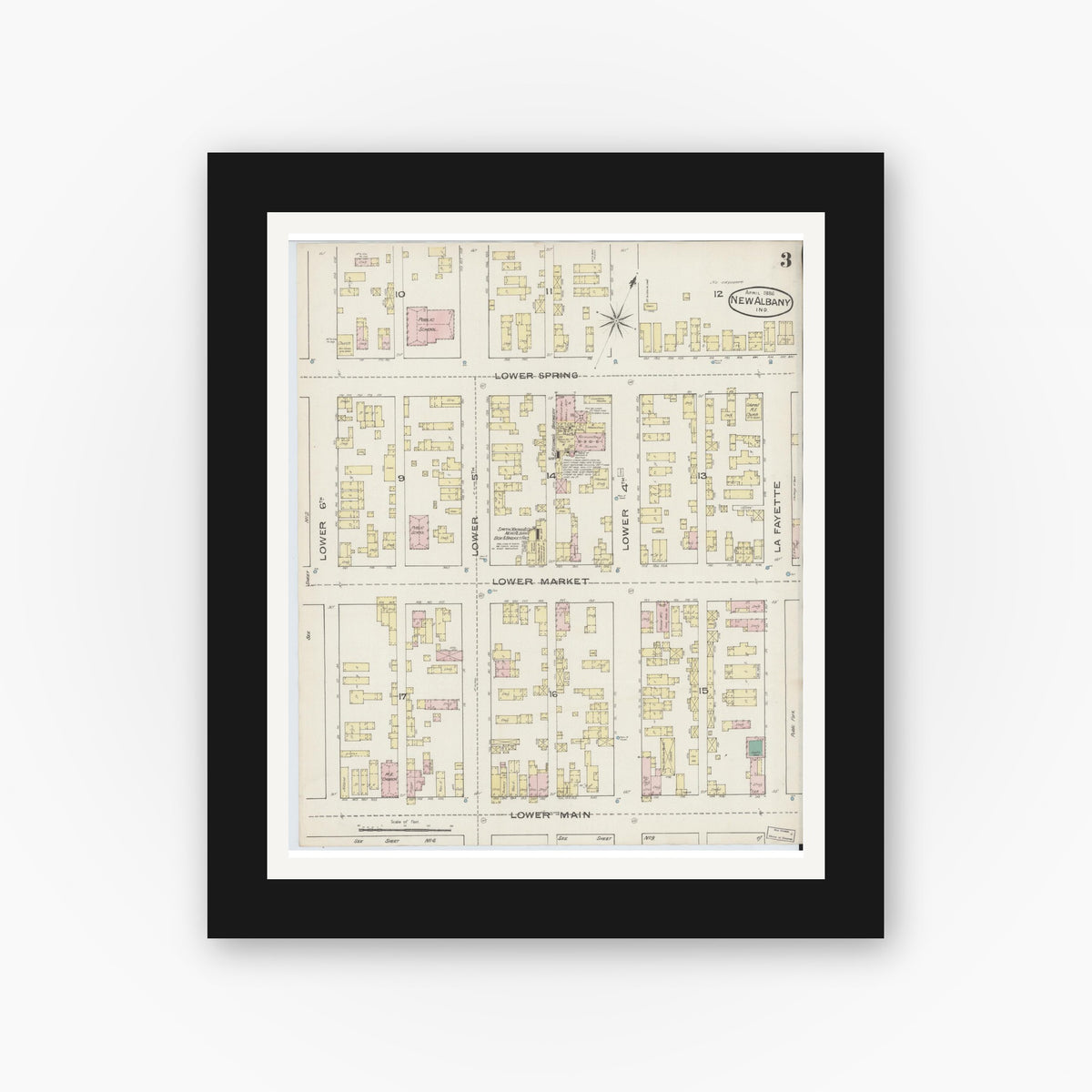 Old map wall art mockup — black gallery frame with white mat — Sanborn Fire Insurance Map from New Albany, Floyd County, Indiana (1886), Sheet #0003