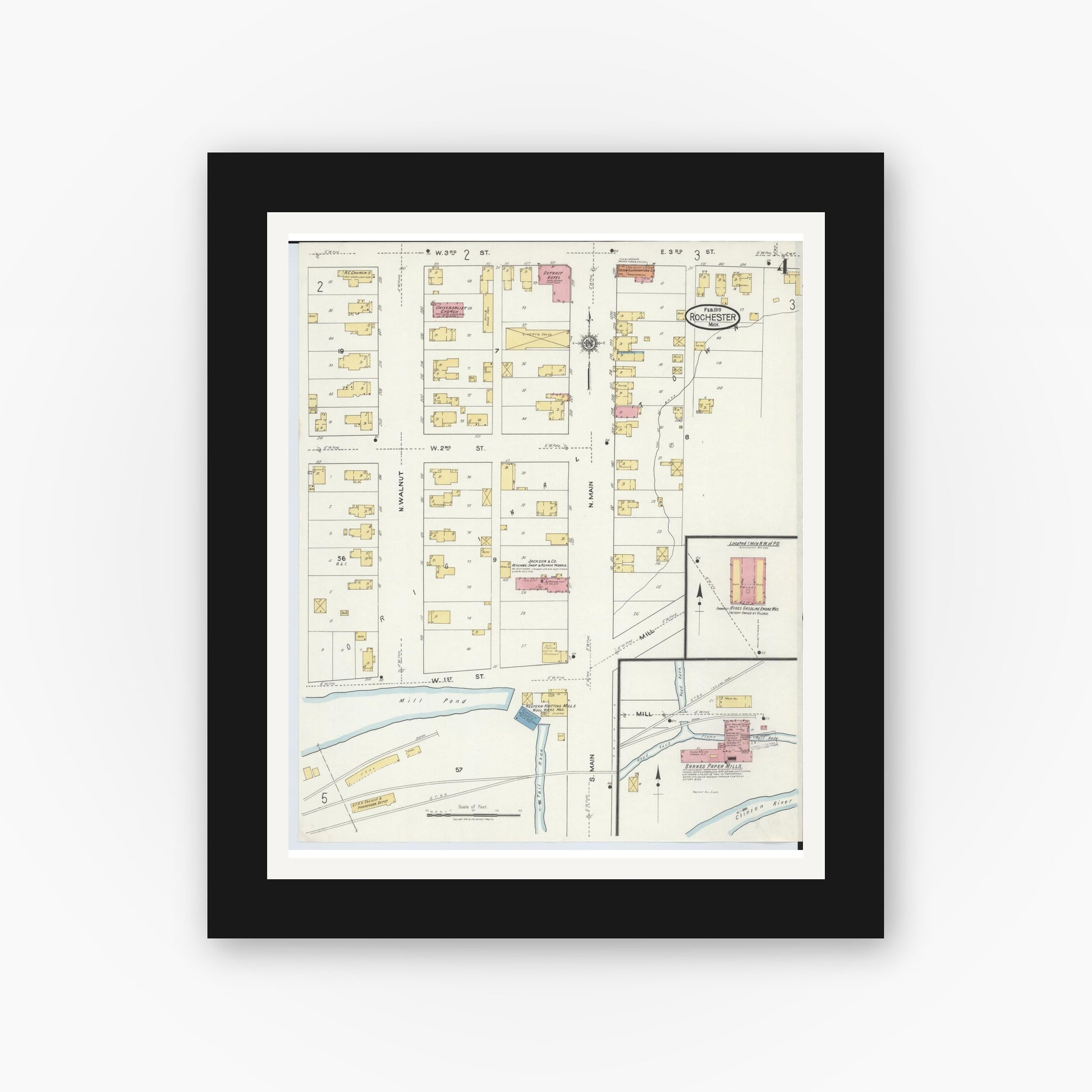 Old map wall art mockup — black gallery frame with white mat — Sanborn Fire Insurance Map from Rochester, Oakland County, Michigan (1919), Sheet #0004