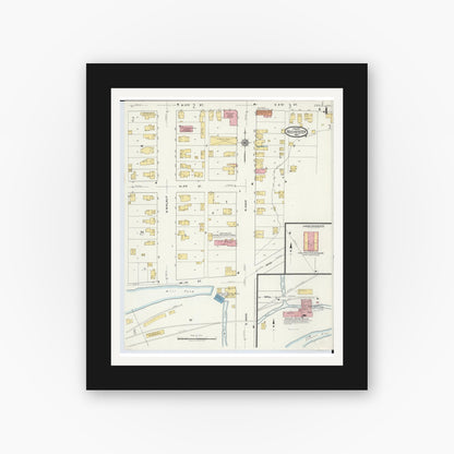Old map wall art mockup — black gallery frame with white mat — Sanborn Fire Insurance Map from Rochester, Oakland County, Michigan (1919), Sheet #0004