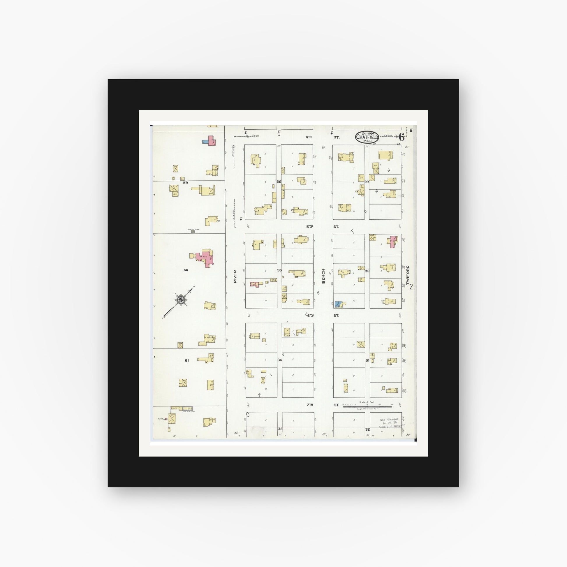 Old map wall art mockup — black gallery frame with white mat — Sanborn Fire Insurance Map from Chatfield, Fillmore And Olmsted Counties, Minnesota (1920), Sheet #0006