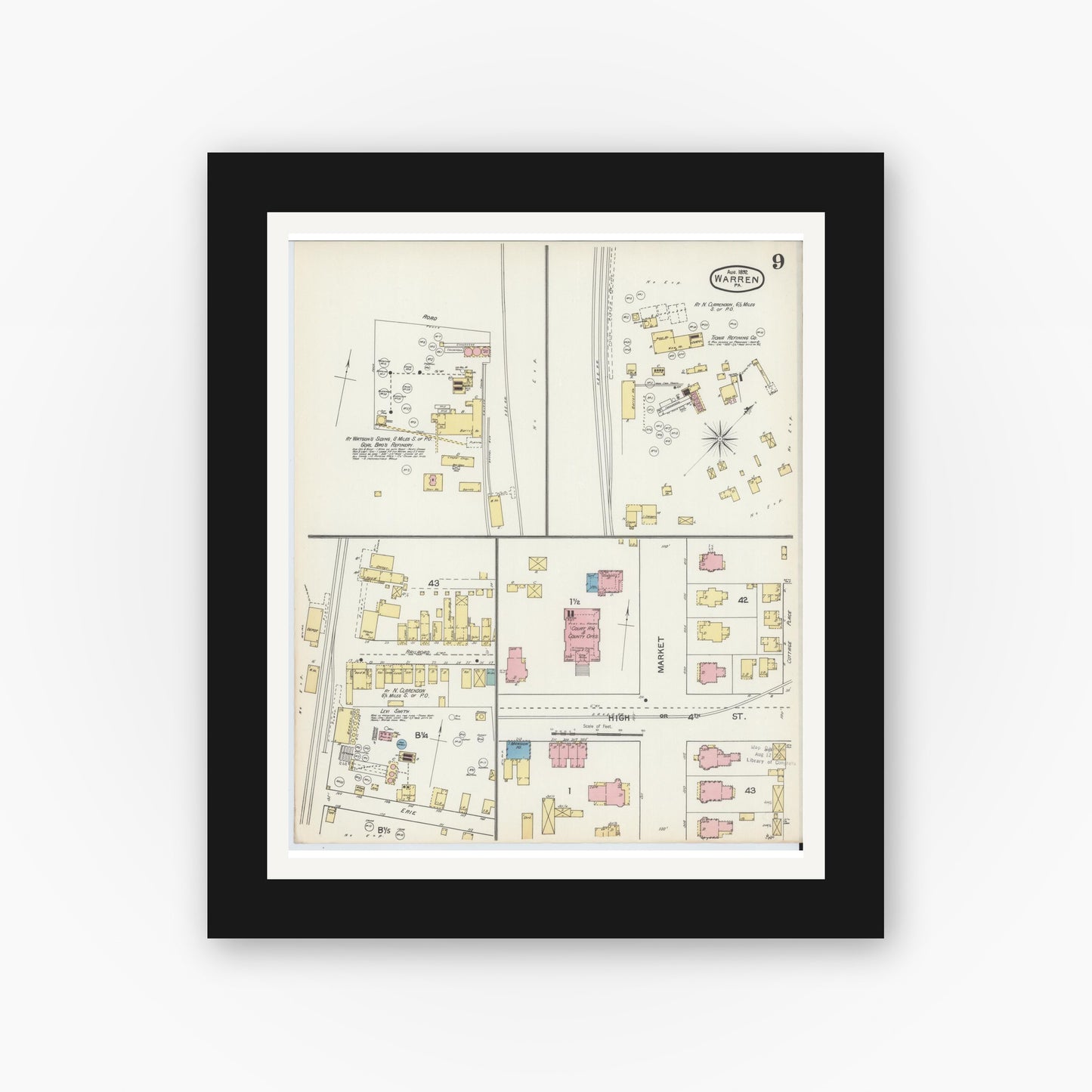 Old map wall art mockup — black gallery frame with white mat — Sanborn Fire Insurance Map from Warren, Warren County, Pennsylvania (1892), Sheet #0009