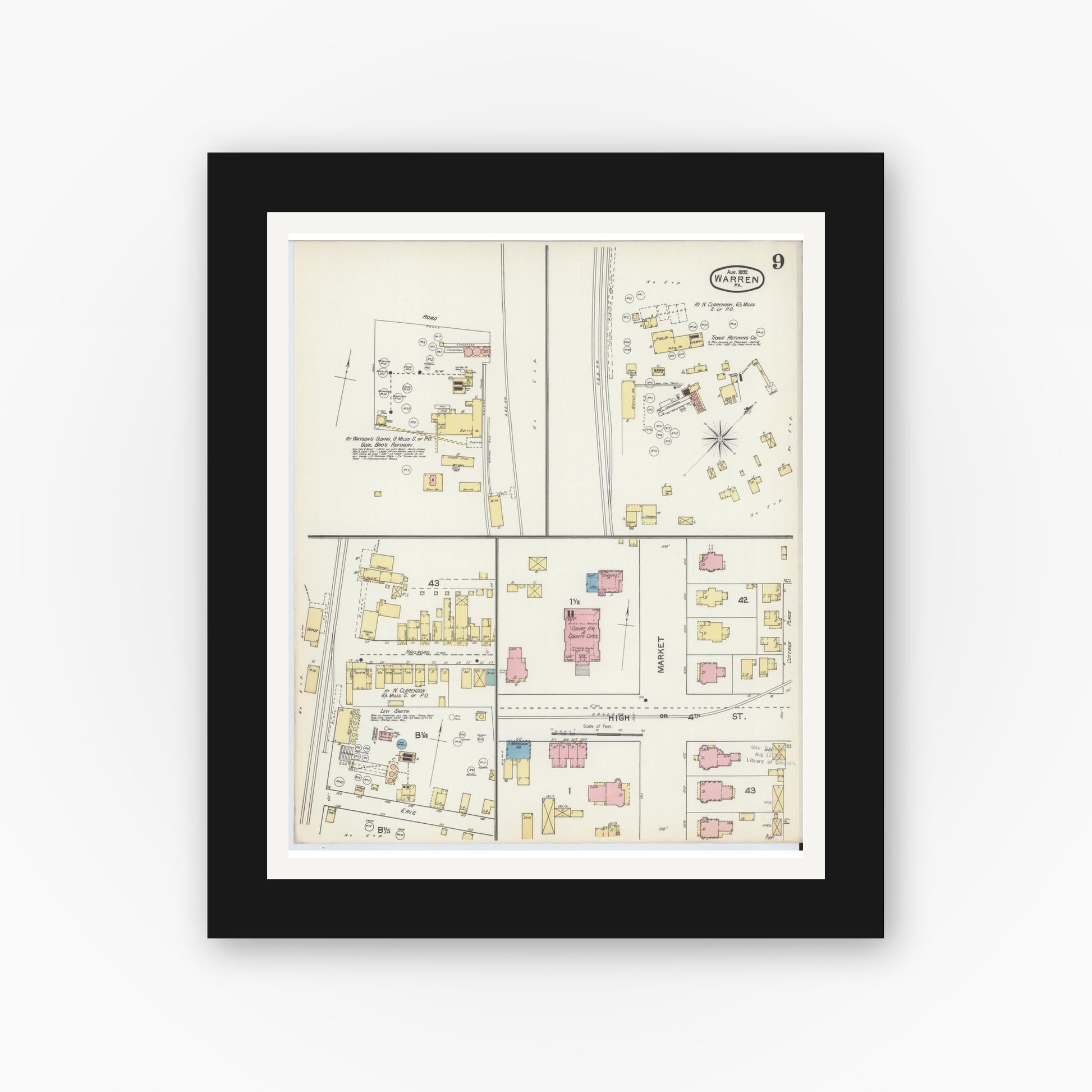 Old map wall art mockup — black gallery frame with white mat — Sanborn Fire Insurance Map from Warren, Warren County, Pennsylvania (1892), Sheet #0009