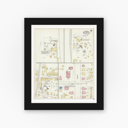 Old map wall art mockup — black gallery frame with white mat — Sanborn Fire Insurance Map from Warren, Warren County, Pennsylvania (1892), Sheet #0009