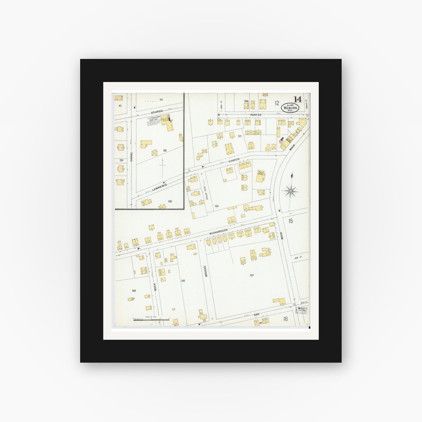Old map wall art mockup — black gallery frame with white mat — Sanborn Fire Insurance Map from Woburn, Middlesex County, Massachusetts (1899), Sheet #0014