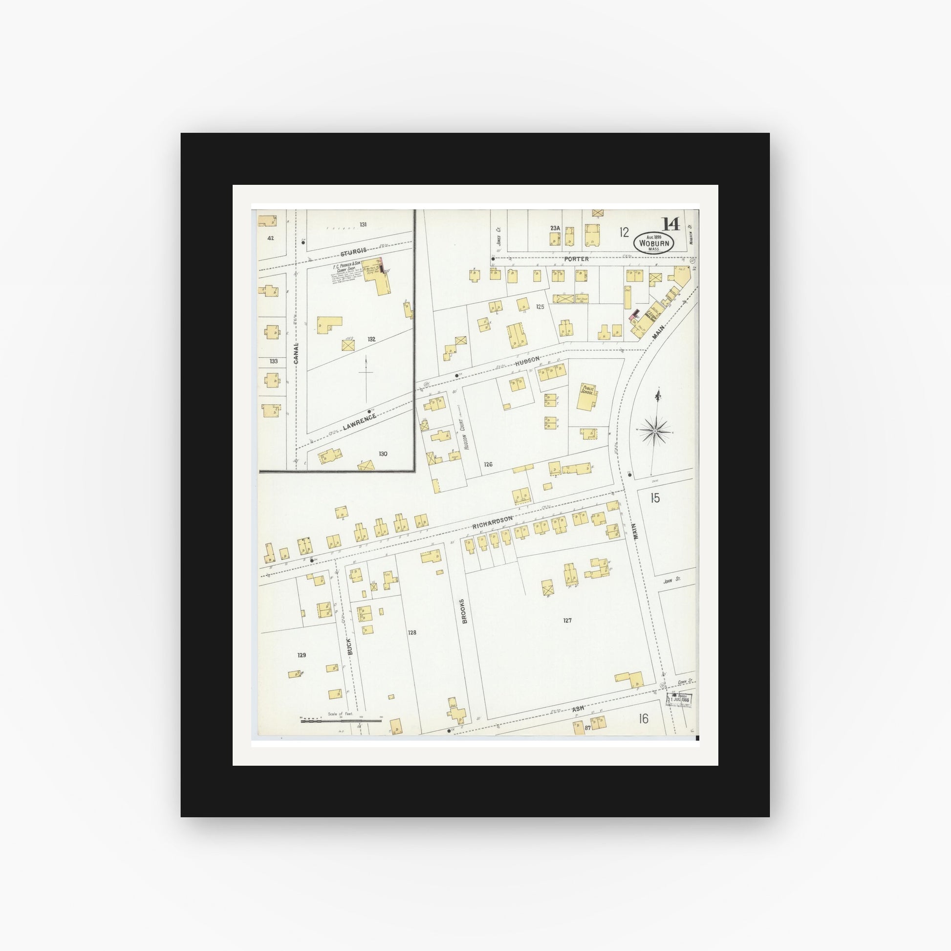 Old map wall art mockup — black gallery frame with white mat — Sanborn Fire Insurance Map from Woburn, Middlesex County, Massachusetts (1899), Sheet #0014