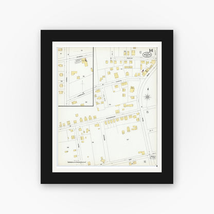 Old map wall art mockup — black gallery frame with white mat — Sanborn Fire Insurance Map from Woburn, Middlesex County, Massachusetts (1899), Sheet #0014