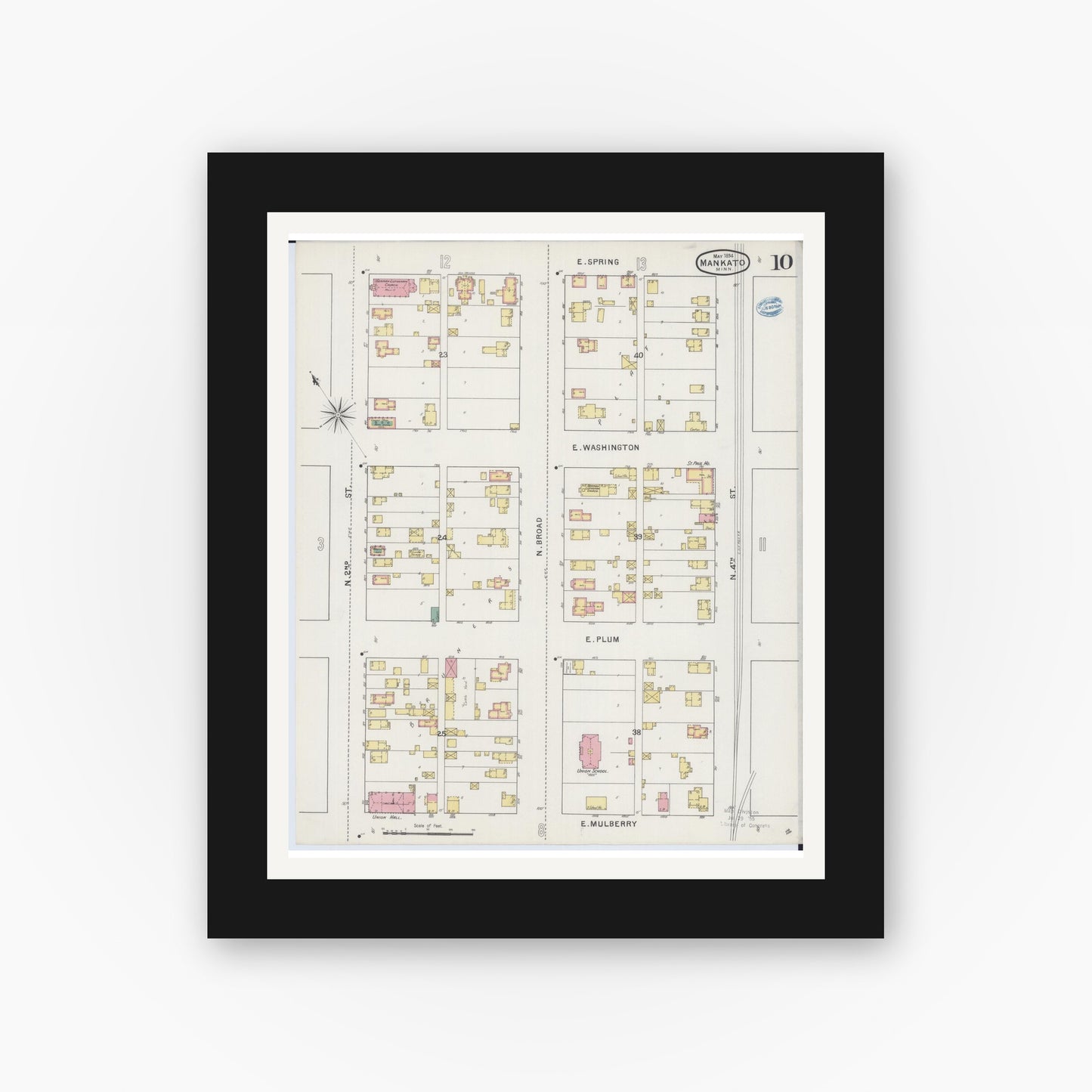 Old map wall art mockup — black gallery frame with white mat — Sanborn Fire Insurance Map from Mankato, Blue Earth County, Minnesota (1894), Sheet #0010