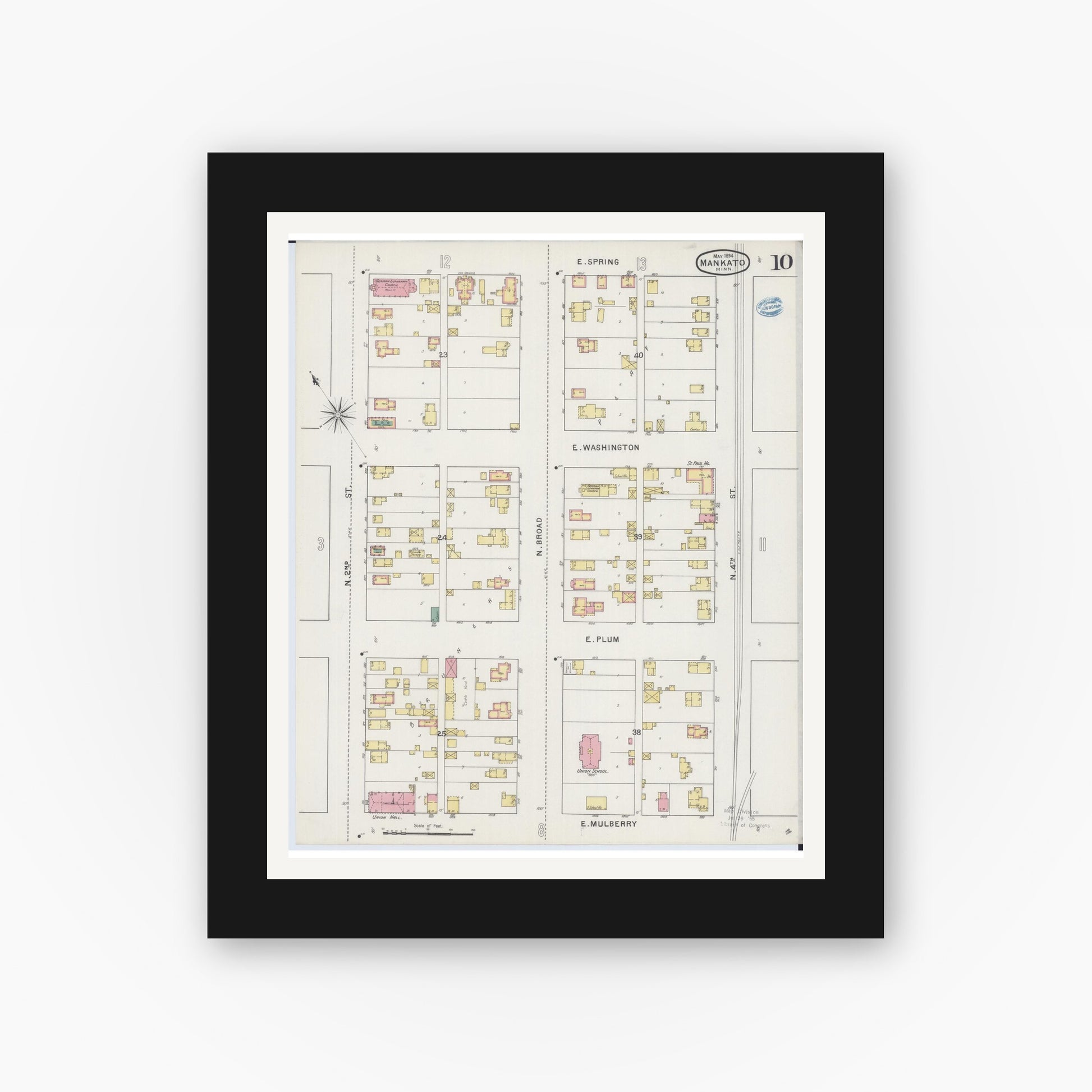 Old map wall art mockup — black gallery frame with white mat — Sanborn Fire Insurance Map from Mankato, Blue Earth County, Minnesota (1894), Sheet #0010