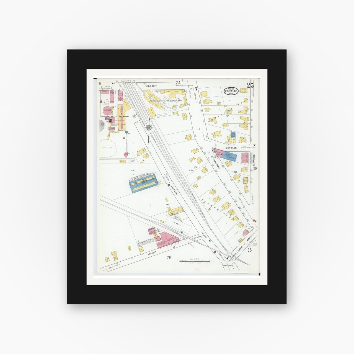 Old map wall art mockup — black gallery frame with white mat — Sanborn Fire Insurance Map from Pontiac, Oakland County, Michigan (1919), Sheet #0025
