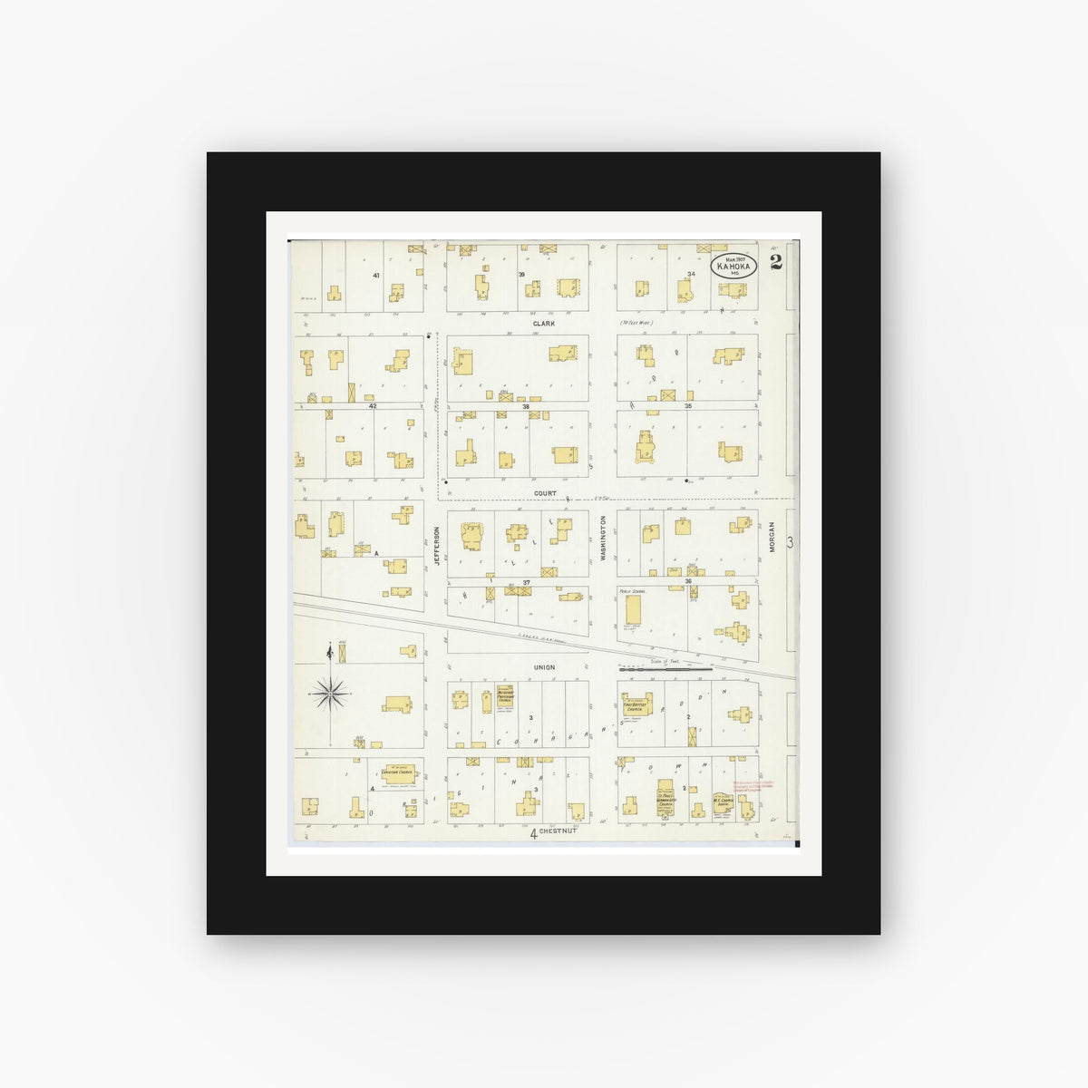 Old map wall art mockup — black gallery frame with white mat — Sanborn Fire Insurance Map from Kahoka, Clark County, Missouri (1907), Sheet #0002