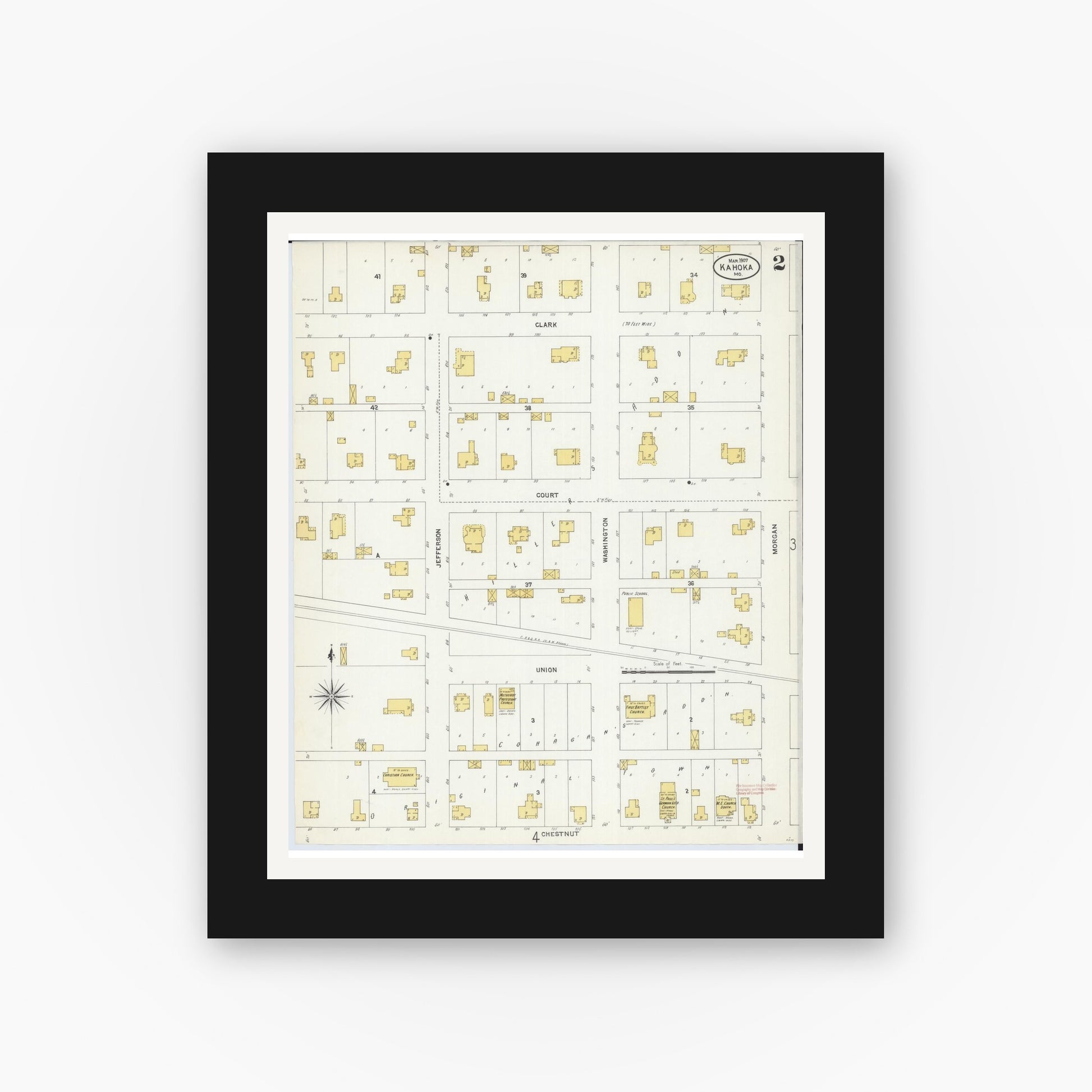 Old map wall art mockup — black gallery frame with white mat — Sanborn Fire Insurance Map from Kahoka, Clark County, Missouri (1907), Sheet #0002