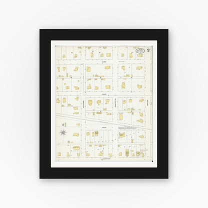 Old map wall art mockup — black gallery frame with white mat — Sanborn Fire Insurance Map from Kahoka, Clark County, Missouri (1907), Sheet #0002