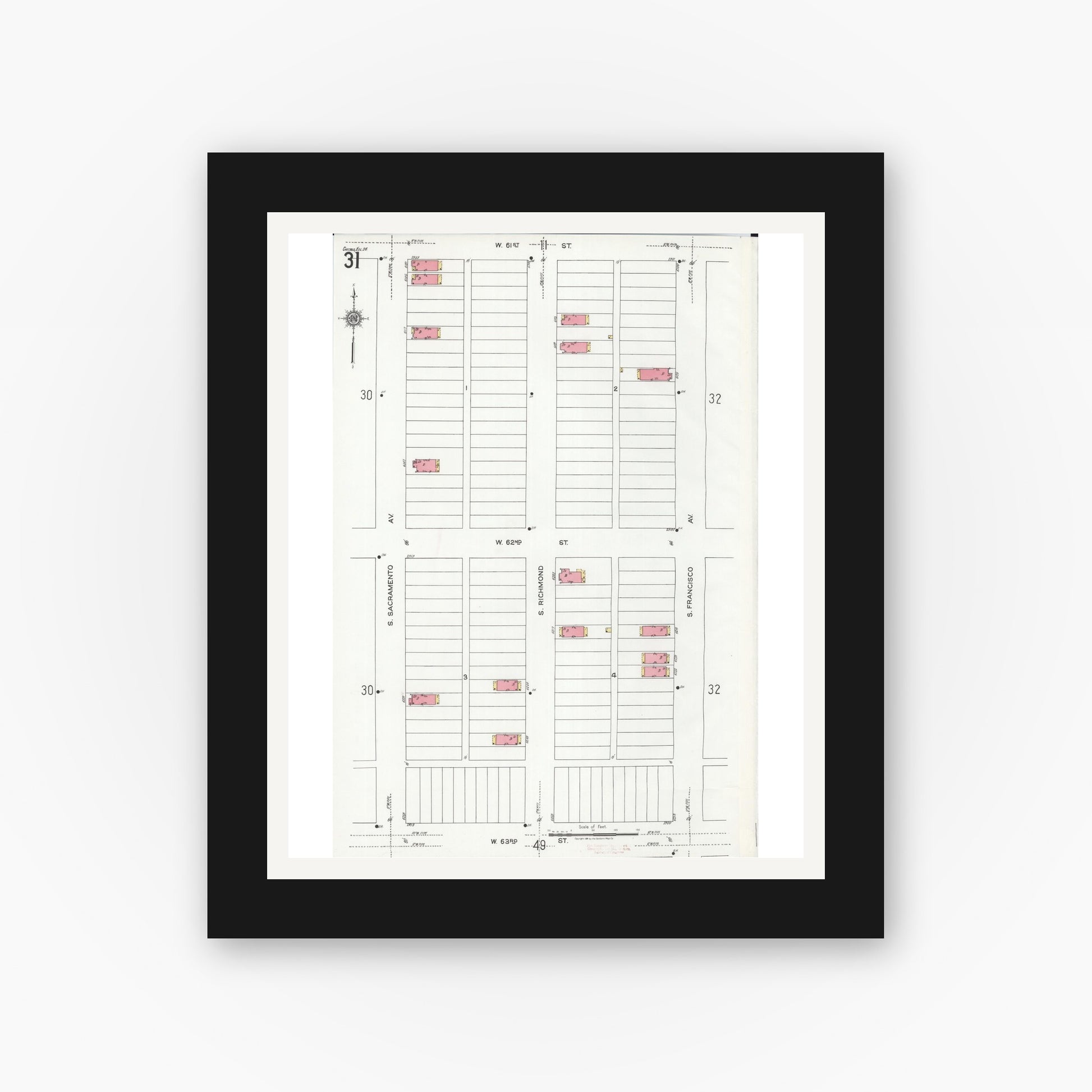 Old map wall art mockup — black gallery frame with white mat — Sanborn Fire Insurance Map from Chicago, Cook County, Illinois (1920), Sheet #0031