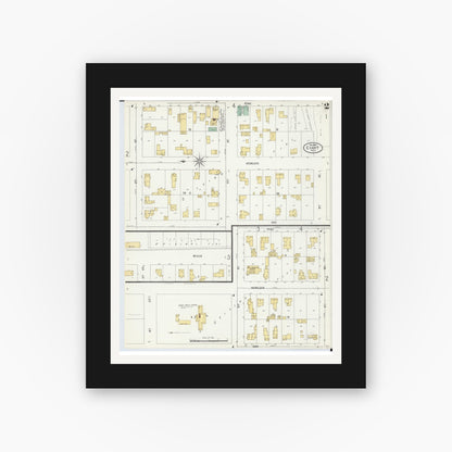 Old map wall art mockup — black gallery frame with white mat — Sanborn Fire Insurance Map from Evart, Osceola County, Michigan (1899), Sheet #0002